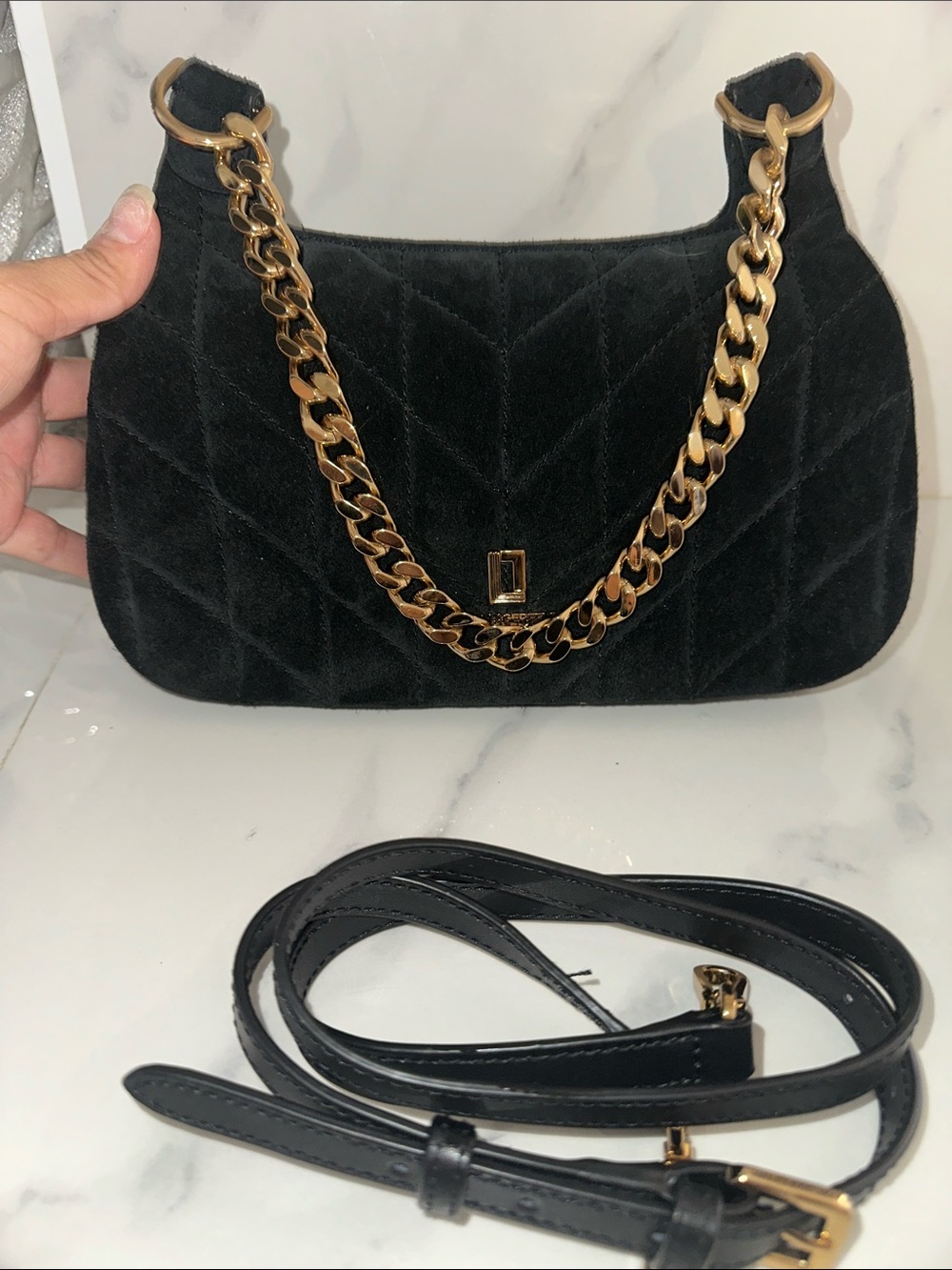 Karl Lagerfeld Black Quilted Shoulder Bag with Gold Chain Strap